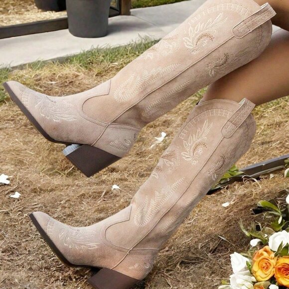 Khaki Western Women's Pointed Toe Embroidered Knee High Riding Boots - Picture 1 of 5